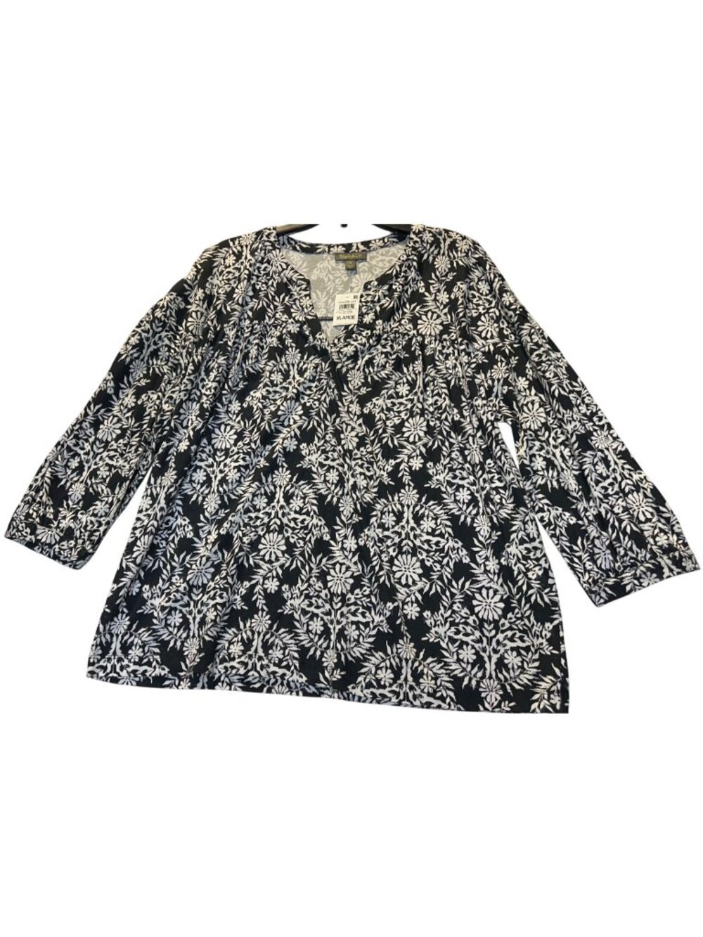 Style & Co Womens XL Black & White Floral Popover Knit Blouse 3/4th Sleeves